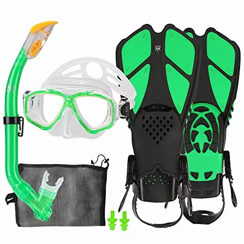 HH HHAO SPORT Schnorchelset Kinder mit Flossen, 180° Panorama Weitblick Taucherbrille Kinder, Verstellbaren Schwimmflossen, Hochwertige Tauchermaske und Dry Top Schnorchel, mit Tragetasche