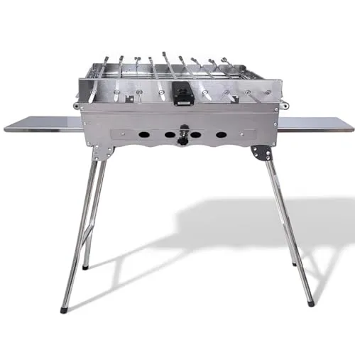 Mangal Khan Edelstahl Schaschlik Grill mit 9er Drehspieß Edelstahlmotor 10 Spieße