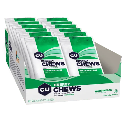 GU Energy Chews Wassermelone 12 x 60g - Fruchtgummis zur Energiezufuhr während des Sports, vegan und glutenfrei, ideal für 40-60 Minuten Leistung mit 90 Kalorien pro Portion.