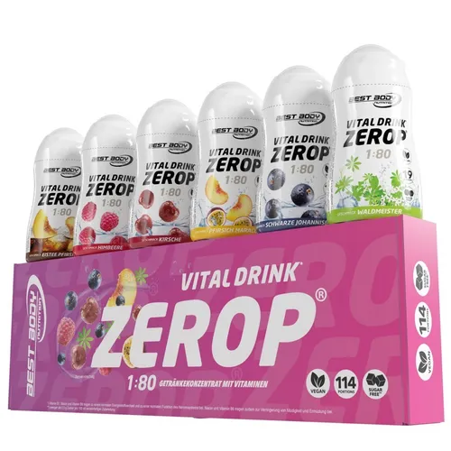 Best Body Nutrition Vital Drink ZEROP Mix-Box 6 x 48 ml - Zuckerfreies Getränkekonzentrat mit 6 fruchtigen Geschmacksrichtungen, enthält wertvolle Vitamine für Energie und Wohlbefinden, ideal für schnelle Zubereitung und kohlenhydratreduzierte Ernährung.