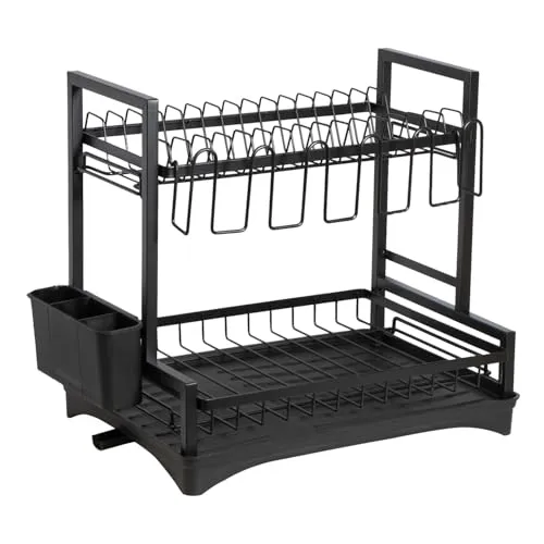 Kvota Abtropfgestell Geschirr-Besteck, 38x42x30cm, Abtropfhalter Geschirrständer mit Abtropfschale und Abfluss 2-Stufen, schwarz I abtropfgestell Geschirr I Dish Drying Rack