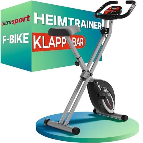 Ultrasport F-Bike - Klappbares und Extra Leises Fahrradergometer mit Komfort-Sattel und LCD-Display - Fahrradergometer für effektives Heimtraining, platzsparend und TÜV-zertifiziert, mit 8 Widerstandsstufen für individuelles Training.