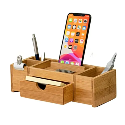 TROEX Schreibtisch-Organizer aus Bambus | Aufbewahrung, aufgeräumter Desktop für Büro, Zuhause | Holz-Organizer mit Schubladen, stationärer Organizer für Stift, Bleistift mit Handyhalter