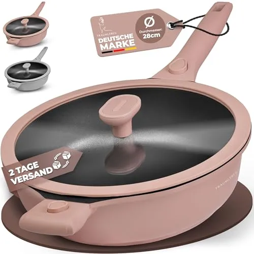 TRAUMLEBEN Bratpfanne 28 cm mit Deckel - PFOA-frei, hitzeindikator für perfekte Ergebnisse und abnehmbare Griffe für einfache Reinigung