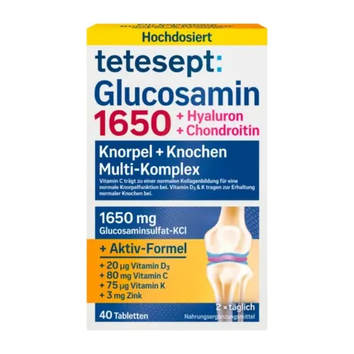 tetesept Glucosamin 1650 Filmtabletten - Glucosamin Nahrungsergänzung für Gelenke, mit 1650 mg Glucosaminsulfat, Hyaluronsäure und Vitamin D3 zur Unterstützung von Knorpel und Knochen.