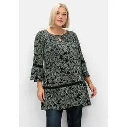 Longtunika SHEEGO "Große Größen" - Damen, Gr. 52, schwarz-grün - Tuniken mit floralem Print und Lochmusterdetails, figurumspielende A-Linie aus 100% Viskose für einen romantisch-verspielten Look.