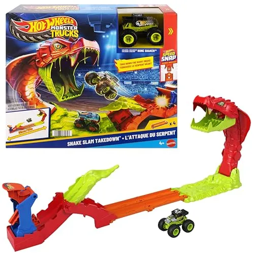Hot Wheels Monster Trucks Snake Slam Takedown Spielset mit Bone Shaker - Tauche ein in das aufregende Hot Wheels Monster Trucks Snake Slam Takedown Spielset! Besiege die riesige Schlange mit dem exklusiven Bone Shaker im Maßstab 1:64. Perfekt für Kinder ab 3 Jahren, fördert Kreativität und Geschicklichkeit.