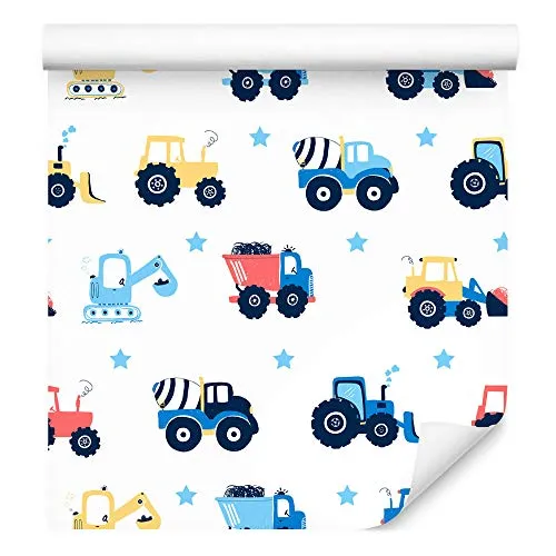 Muralo Tapete 10m Rolle Vlies Tapete Transport Stadt Autos Lastkraftwagen Traktor Himmel Vliestapete 1000 x 53cm Wand Tapete Wohnzimmer Kinderzimmer Moderne Wanddeko Wand Dekoration