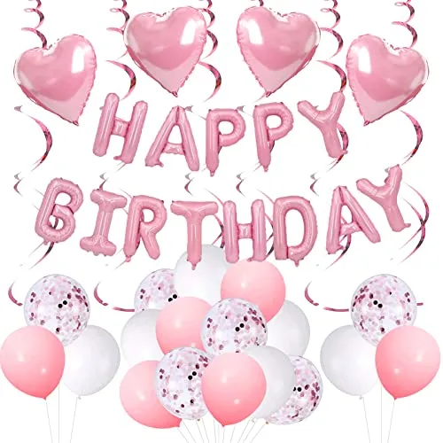 Rosa Geburtstagsdekorationen für Frauen Mädchen, Happy Birthday Ballon Banner Dekoration, Rosa Partydekorationen für 1. 13. 16. 21. 30. 40. 50. 60. 70. Geburtstag Partyzubehör
