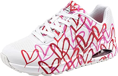 Wedgesneaker SKECHERS "UNO-SPREAD THE LOVE", Damen, Gr. 35 - Sportliche Wedgesneaker aus Lederimitat mit coolem Graffiti-Print und Skechers Memory Foam für optimalen Tragekomfort. Ideal für den Alltag oder Freizeitaktivitäten.
