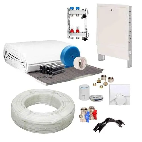 Fußbodenheizung Warmwasser Set 30m² Tackersystem 20 mm Rollbahn PE-RT Rohr VA15 Regelung A