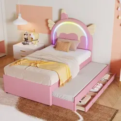 Odikalo Kinderbett Rollbett Einhorn-Design mit LED, Rosa - Das einhornförmige Kinderbett begeistert mit seinem kreativen Design und bietet durch das ausziehbare Rollbett zusätzlichen Schlafraum. Ideal für fantasievolle Kinderzimmer und leicht zu reinigen.