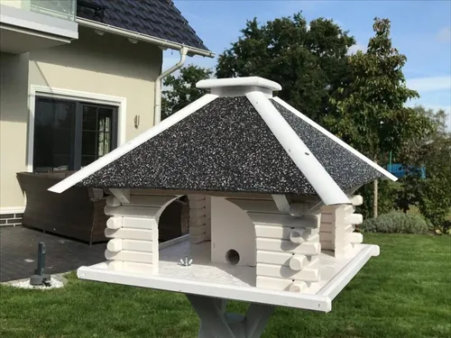 DSH DEKO SHOP HANNUSCH Vogelhaus V 20 Stein weiss - Tierhäuser mit Solarbeleuchtung, ideal zum Füttern von Vögeln und als dekorativer Blickfang im Garten.