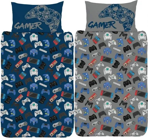 Bettwäsche-Set "Gamer" AG1667 (Einzelbett) - Blau/Grau - Bettwäsche für Gamer mit wendbarem Design von Spielkonsole und Controller, aus 52% Polyester und 48% Baumwolle, ideal für ein stylisches Schlafzimmer.