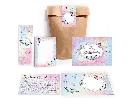 Limonia 12 Einladungskarten zum Kindergeburtstag Einladung Geburtstag Mädchen Schmetterling incl. 12 Umschläge, 12 Tüten, 12 Aufkleber, 12 Lesezeichen, 12 Blöcke, 12 Mandalas