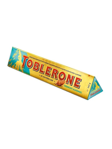 Toblerone Crunchy Almonds 360g - Schweizer Schokolade mit gesalzenen karamellisierten Mandeln und Honig-Nougat, ideal zum Teilen oder Verschenken. Der einzigartige Geschmack in der kultigen Dreiecksform begeistert Schokoladenliebhaber.