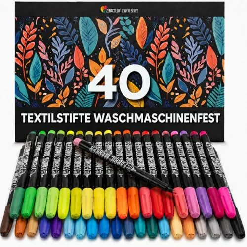 Textilstifte Waschmaschinenfest - 40 ungiftige, permanente Marker für kreative Textilgestaltungen - Stoffmalfarben - Set mit 40 leuchtenden, waschmaschinenfesten Textilstiften, ideal für kreative Designs auf T-Shirts und Stofftaschen. Ungiftig und schnell trocknend, perfekt für Kinder und Erwachsene.