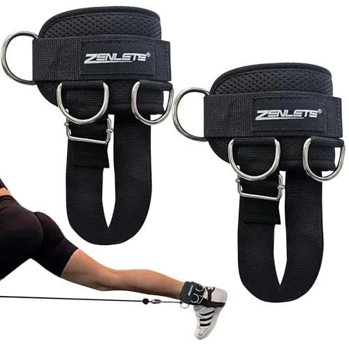 zenlete 2 Stück Fußschlaufen Kabelzug 5 D-Ringen und extra Band verstellbar für Frauen und Männer - Ankle Straps für Fitness Training Kickbacks (Schwarz)