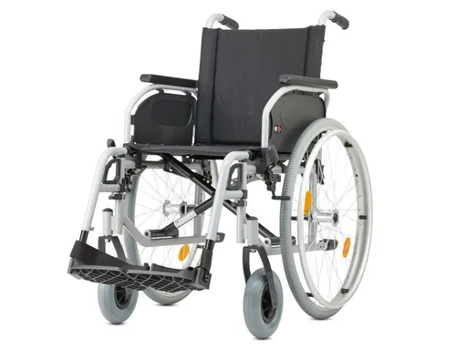 Bischoff & Bischoff Rollstuhl S-Eco 300 SB 43 - Robuster Rollstuhl für alle, bis 125 kg belastbar. Mit abschwenkbaren Beinstützen und platzsparend klappbar, ideal für Alltag und Zuhause.
