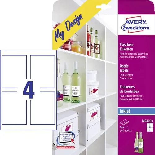Avery-Zweckform MD4001 Flaschenetiketten 90 x 120mm Papier Weiß 20 St. Permanent haftend Tintenstrahldrucker