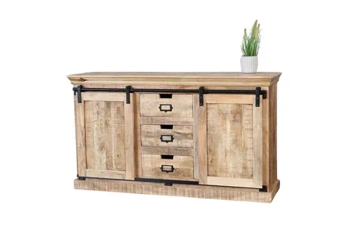 baario Sideboard XXL VODICE – Rustikale Kommode aus massivem Mangoholz - Großzügiges Sideboard mit 3 Schubladen, ideal für den Landhausstil. Mit einer Breite von 150 cm und einer hochwertigen Verarbeitung aus massivem Holz ist es ein praktisches Möbelstück für Ihr Zuhause.