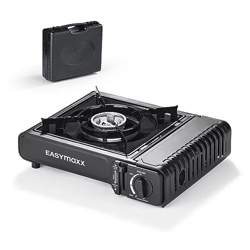 EASYmaxx Gaskocher tragbar Schwarz - Campingkocher mit Aufbewahrungskoffer, ideal für Festivals und Outdoor-Abenteuer
