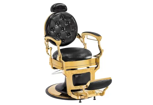 Barberpub Stuhl hydraulische Friseurstuhl 2933 - Schwarz | Gold - Friseurstuhl mit hydraulischer Höhenverstellung, elegantes Design in Schwarz und Gold, ideal für Friseursalons und Barber Shops.