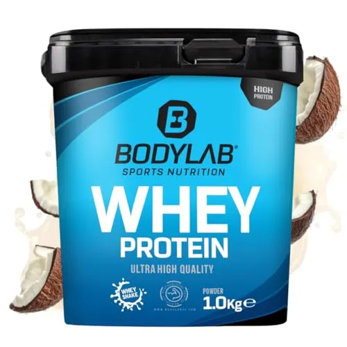Bodylab24 Whey Protein Pulver, Kokosnuss, 1kg - Molkenproteine mit bis zu 80% Eiweiß, ideal für Muskelaufbau nach dem Training. Frei von Aspartam und perfekte Löslichkeit in Milch oder Wasser.