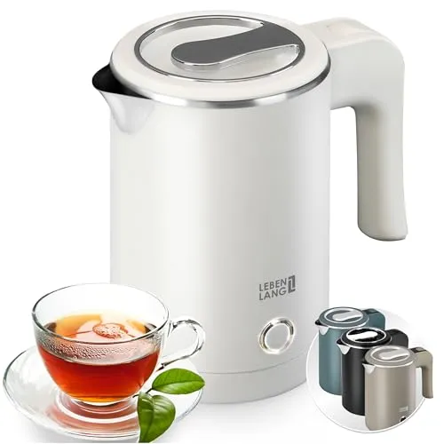 LEBENLANG Edelstahl Reisewasserkocher Klein 500ml - Kompakter 500ml Wasserkocher für Reisen, energiesparend mit 600W, 100% BPA-frei und aus Edelstahl für reines Wasser – ideal für unterwegs.