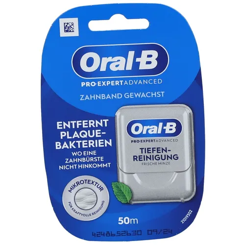 Oral-B Pro Expert Advanced Floss 50m - Tiefenreinigung Zahnseide - Zahnseide für Tiefenreinigung, gewachst und mit Mikrostruktur für optimale Reinigung zwischen den Zähnen, mit erfrischendem Minzgeschmack.