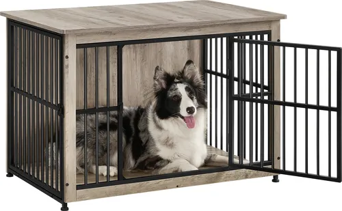 FEANDREA Hochbelastbarer Hundekäfig Beistelltisch Braun Grau - Stylischer Hundekäfig im Möbelstil: robust mit 35 verstärkten Stahlrohren. Ideal als Beistelltisch nutzbar und leicht zu reinigen. Perfekte Lösung für Sicherheit und Funktionalität in Ihrem Zuhause.
