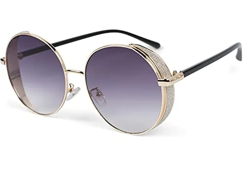 styleBREAKER Damen Runde Sonnenbrille mit getönten Polycarbonat Gläsern und Glitzer Side Shield, Metall Rahmen 09020120, Farbe:Gestell Gold/Glas Grau Verlauf
