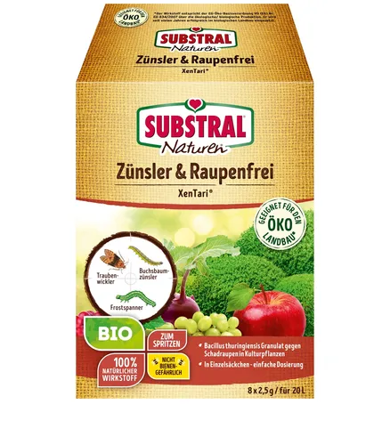 Substral Naturen Bio Zünsler-und Raupenfrei XenTari, biologisches Spritzpulver gegen Buchsbaumzünsler und Schadraupen, 8x2,5g, Blau