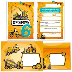 JUNAPACK Einladungskarten Baustelle zum 6. Geburtstag Einladungen mit Umschlägen Karten Jungen, Einladungskarten mit Umschlägen zum sechsten Geburtstag Baustelle