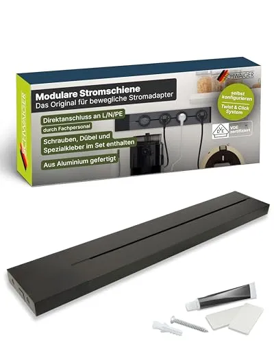 SCHWAIGER Konfigurierbare Steckdosenleiste 50 cm in Schwarz – Individuell anpassbare Stromschiene im Alu-Design - Die 50 cm lange Steckdosenschiene ist modular und lässt sich nach Bedarf mit verschiedenen Steckdosen bestücken. Ideal für Küche, Büro und Werkstatt. VDE geprüft, bietet sie höchste Sicherheitsstandards.