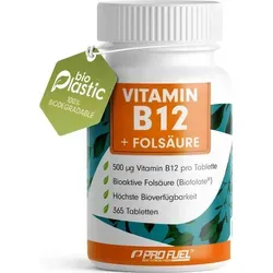 ProFuel Vitamin B12 + Folsäure | 365 Tabletten | 500 μg Vitamin B12 pro Tablette | bioaktive Folsäure | vegan