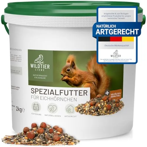 wildtier liebe Eichhörnchenfutter 2kg - Bettdecken & Futter für Eichhörnchen, ganzjährig geeignet mit artgerechter Mischung aus Nüssen und Samen, in praktischen wiederverschließbaren Eimer.