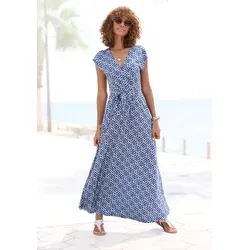 Maxikleid LASCANA, Damen, Gr. 44, N-Gr, blau (blau bedruckt), Single Jersey, Obermaterial: 100% Viskose, bedruckt, modisch, figurumspielend lang, tiefer V-Ausschnitt, ohne Ärmel, Kleider, mit Bindegürtel, Sommerkleid, Strandkleid