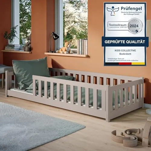 Kinderbett Bodenbett 90x190 cm mit Rausfallschutz - Montessori-Bett aus massivem Kiefernholz, sicher & stabil, ideal für Kinder und Eltern, fördert die Unabhängigkeit und sorgt für ruhige Nächte.