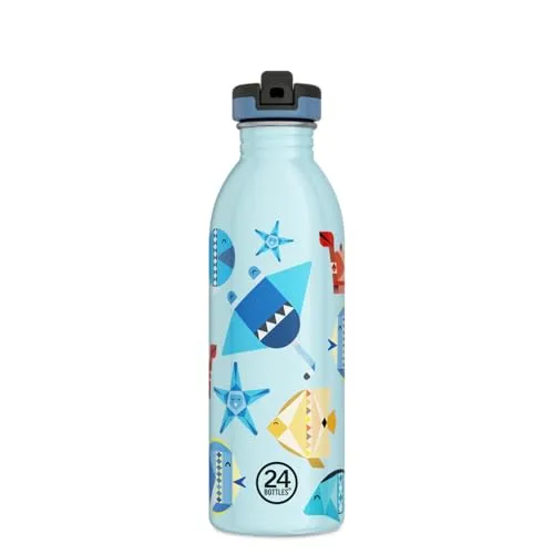 24BOTTLES Kids Water Bottle with Straw - Praktische 500 ml Wasserflasche für Kinder, luftdicht und ideal für Schule und Kindergarten. Hergestellt aus Edelstahl, mit buntem Sea Friends Stone Design.