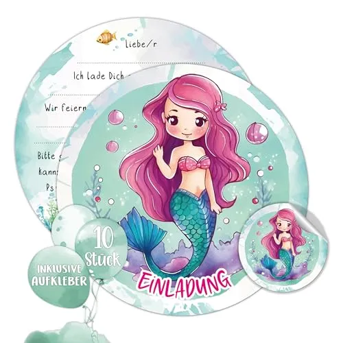 TOBJA Meerjungfrau Einladung Kindergeburtstag Mädchen | XXL Meerjungfrauen Einladungskarten Geburtstag 15 x 15 cm | 10er Set mit Stickern | Geburtstagseinladungen (Meerjungfrau)