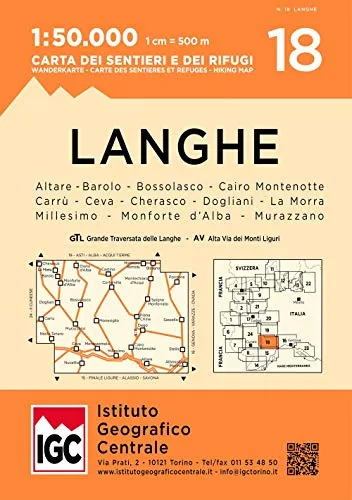 Wanderkarte 18 Langhe 1:50000: Altare - Barolo-Bossolasco-Cairo Montenotte- Carrù- Ceva- Cherasco-Dogliani- La Morra-Millesimo- Monforte d'Alba- Murazzano (Carta. Valli)