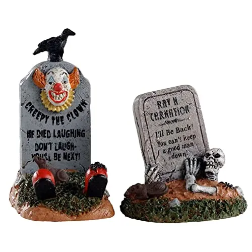 Lemax - Crazy Headstones (Set of 2) Halloween Spookytown Grabsteine - Neu / Handbemalt - Harz - Dunkel