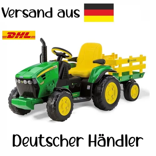 Peg Perego John Deere Ground Force 12V inkl. Anhänger - Batteriebetriebener Traktor mit Anhänger für Kinder von 5-7 Jahren, robustes Kunststoffdesign für endlosen Spielspaß im Freien.