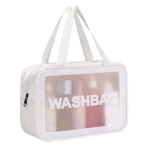 SZDPC Groß Kulturbeutel Damen & Herren, Reise Kulturtasche mit Tragegriff, matt durchscheinende Duschtasche (White-L)