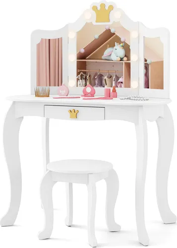 GOPLUS Schminktisch mit Spiegel und Hocker, Frisiertisch aus Holz und Kieferbeine, Antikipp-Schutz (Weiß-mit Beleuchtung)