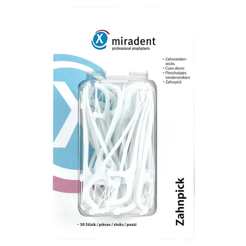 miradent Zahnpick Zahnseidensticks, 30er - Praktische Zahnseide Sticks für die tägliche Mundpflege – ideal zur Kombination von Zahnseide und Zahnstocher. Perfekt für unterwegs und einfach in der Anwendung.