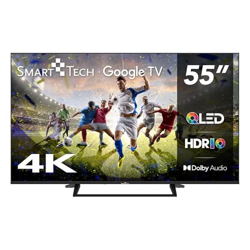 Smart Tech 55QG06K – 55 Zoll UHD-QLED Smart TV - Erleben Sie brillante Farben und mühelose Konnektivität mit diesem 55 Zoll Smart TV. Genießen Sie Ihre Lieblingsinhalte von Netflix, YouTube und mehr in atemberaubender Bildqualität – für ein optimales Fernseherlebnis.