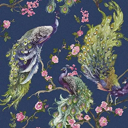 Holden Menali Pfau Tapete Glitzer Marineblau 35922 Blumenmuster Trail