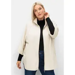 Hemdjacke SHEEGO "Große Größen", Damen, Gr. 46, beige, Obermaterial: 90% Polyester, 10% Wolle;Kragen: 90% Baumwolle, 8% Polyester, 2% Elasthan;Taschenfutter: 55% Viskose, 45% Polyester, unifarben, klassisch, figurumspielend normal, 3/4-Ärmel, Jacken, in lockerer Cape-Form, mit Wollanteil